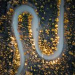 Aerial view of a curved mountain road amidst colorful autumn trees in Colorado.